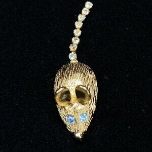 Signed Avon Vintage Gold Tone "Midas Mouse" Pin with Rhinestone Eyes & Tail